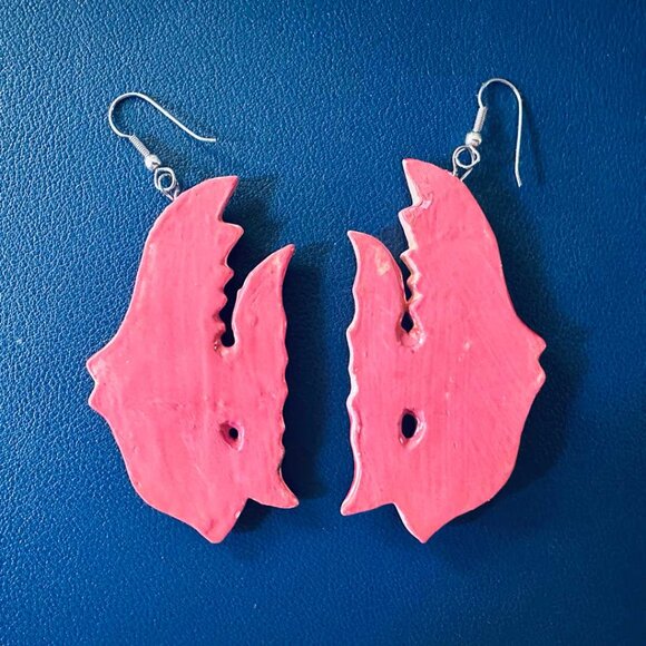 Don't Swim With the Fishes, Wear Them! Big Pink Fish Wood Earrings. - Picture 2 of 5
